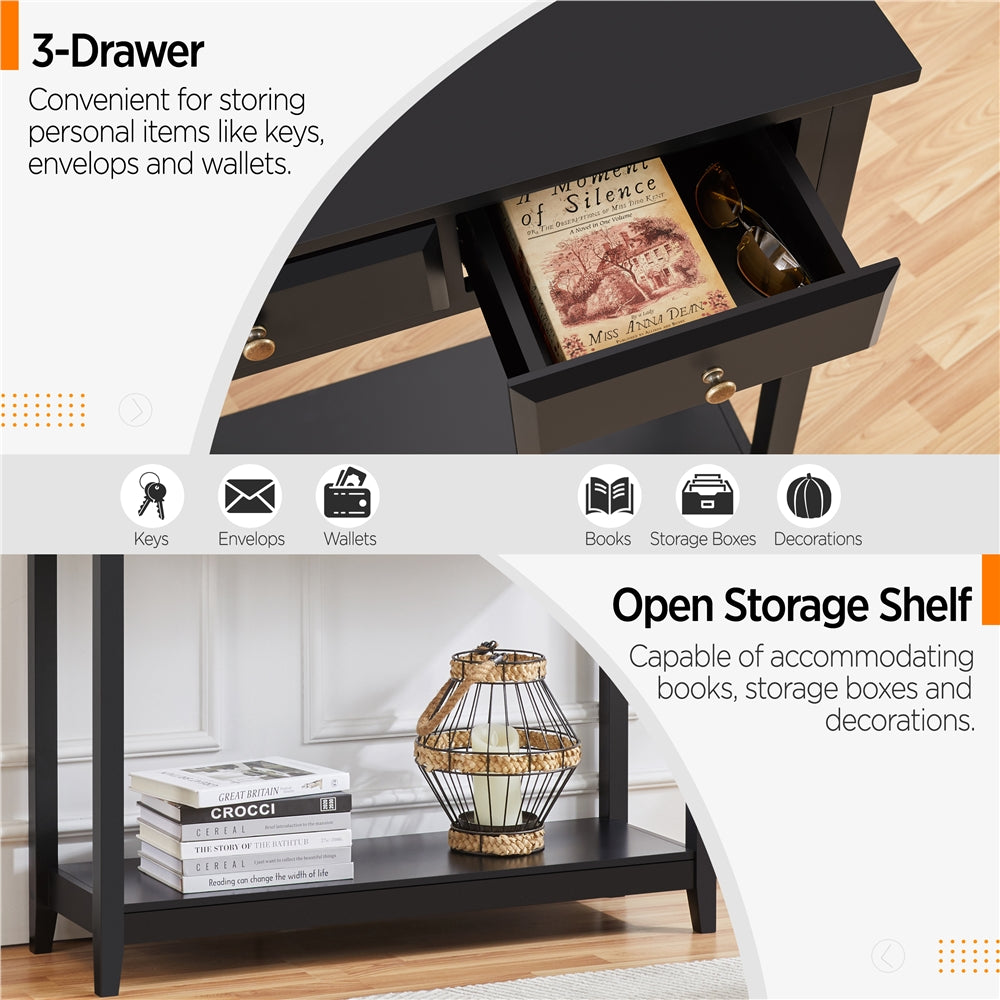 3-Drawer Wooden Console Table Entryway Table with Storage Shelf Pine Wood Legs, Black