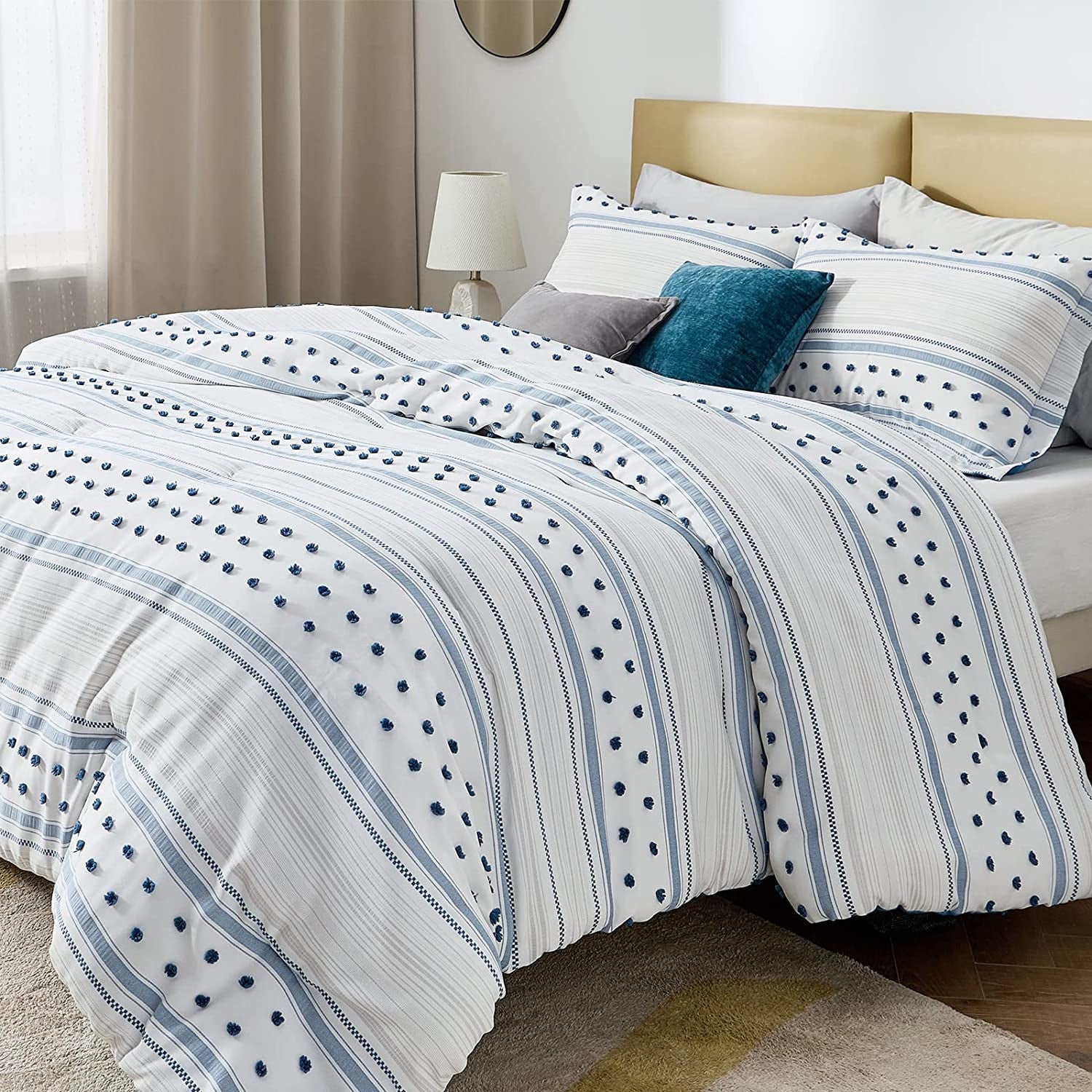 Bedsure Blue Twin Comforter Set - Boho Bedding Set , Reversible White Striped Tufted Farmhouse Twin Size Comforter Sets (68X88 Inches, 2 Pieces)