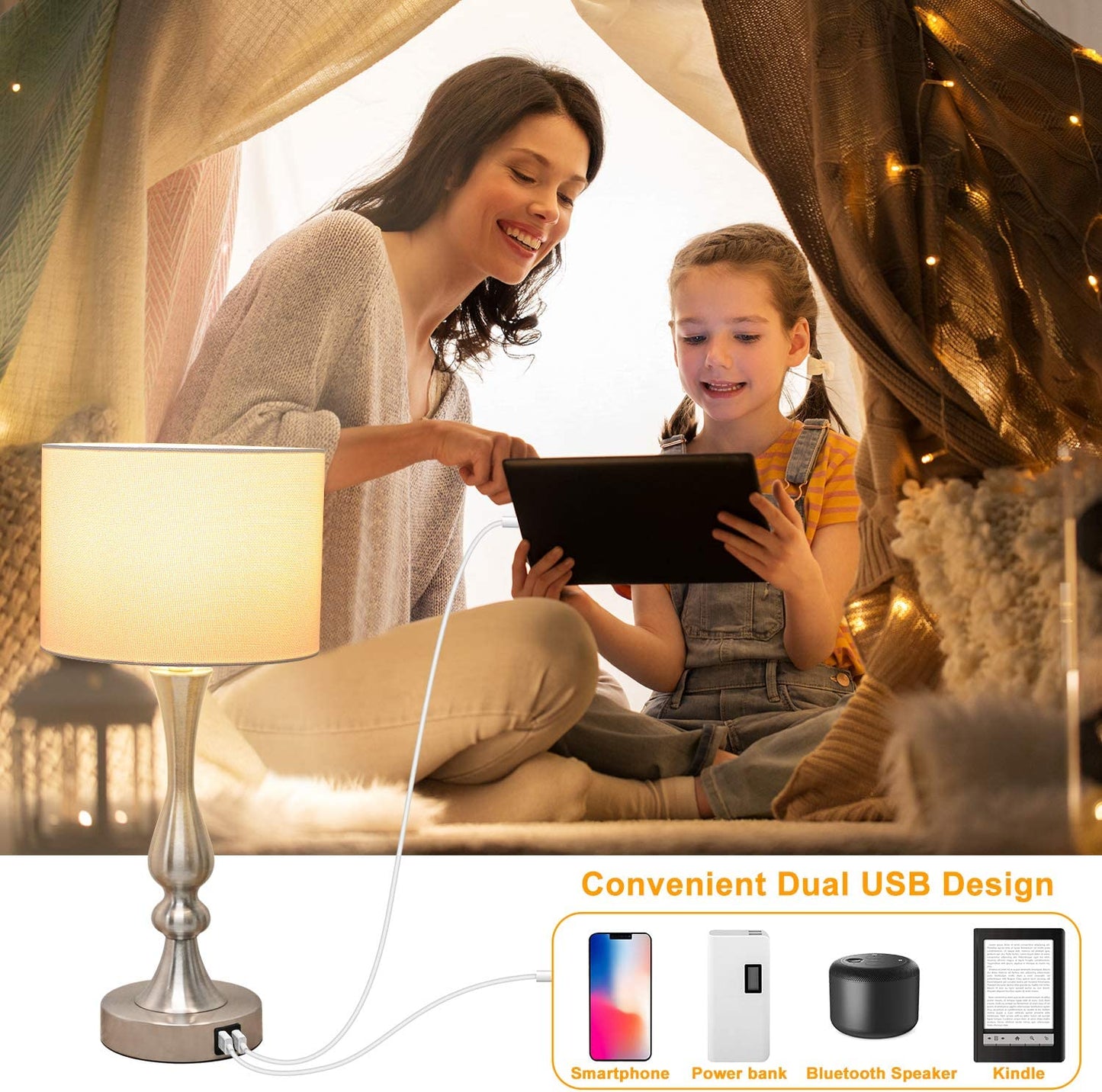 Bedside Touch Lamp with Dual USB Charging Ports, 3 Way Dimmable Nightstand Lamp with Silver Base, USB Touch Control Table Lamp Modern Ambient Light for Living Room, Bedroom, 6W 2700K LED Bulb Included