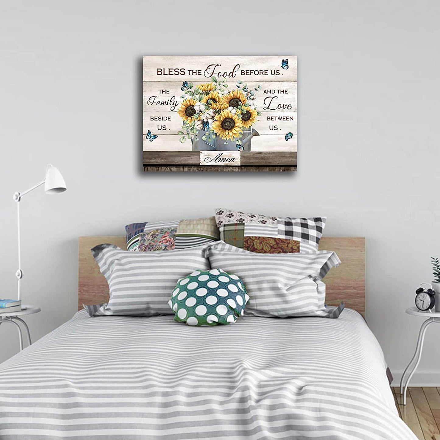 Flowers Canvas Wall Art Inspirational Quotes Canvas Pictures Farmhouse Sunflower Artwork Wall Decor Bless the Food before Us Prints for Kitchen Living Room Bedroom Dinning Home Decor Framed 12" X16"