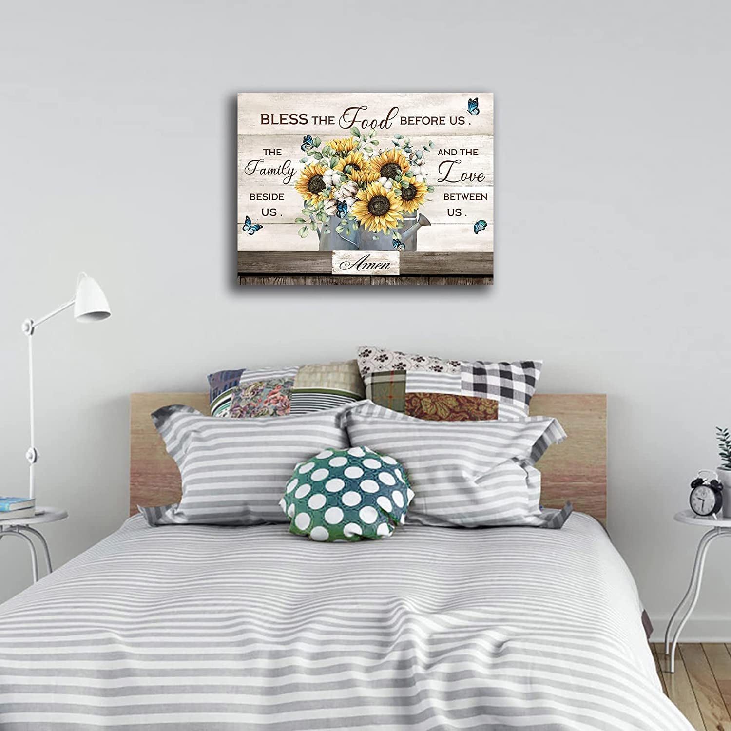 Flowers Canvas Wall Art Inspirational Quotes Canvas Pictures Farmhouse Sunflower Artwork Wall Decor Bless the Food before Us Prints for Kitchen Living Room Bedroom Dinning Home Decor Framed 12" X16"