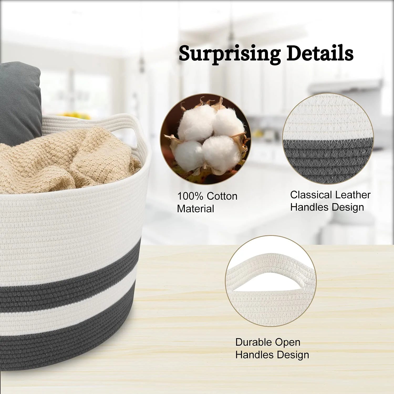 Hombins XXL Woven Storage Basket 20''X13'' Cotton Rope Woven Basket,Large Blanket Basket Laundry Hamper for Throws, Pillows, Blanket, Grey&White