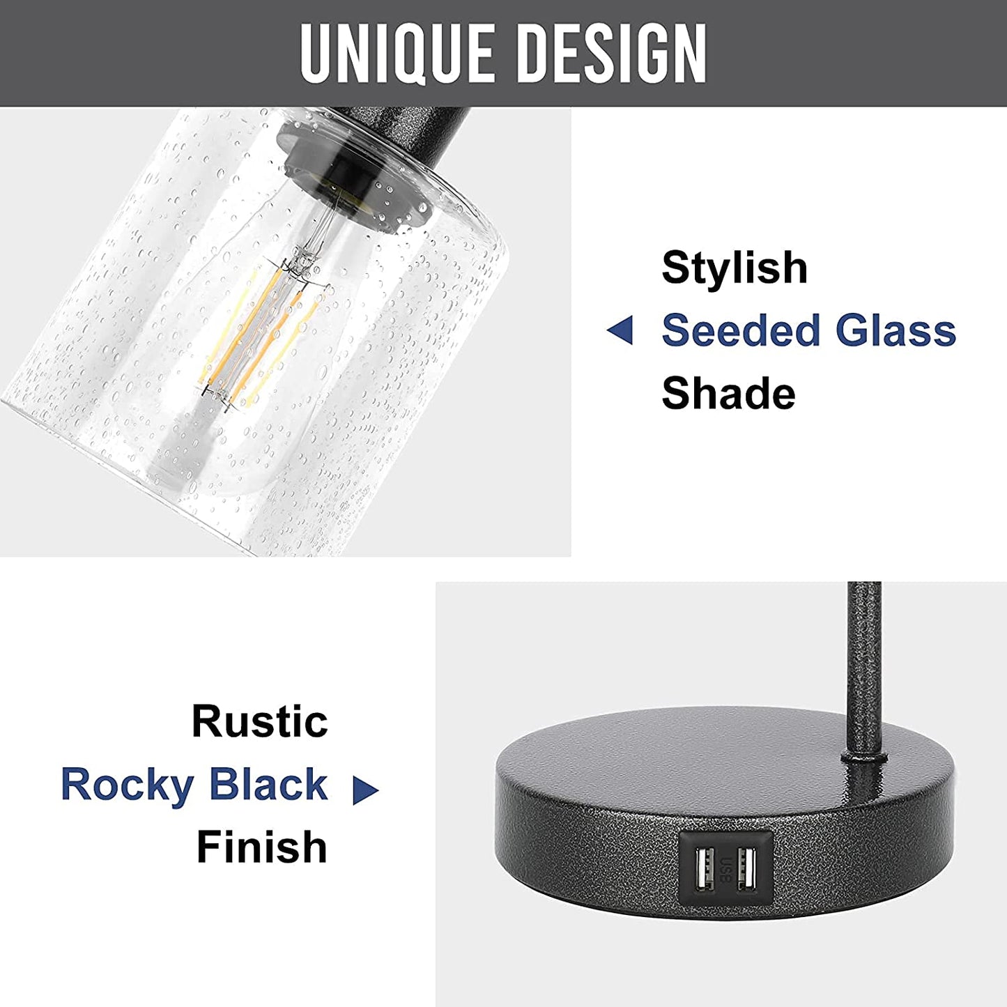 Set of 2 Farmhouse Rustic Table Lamps Rocky Black for Bedroom Nightstand 3-Way Dimmable Touch Control Industrial Bedside Lamps with 2 USB Charging Ports & AC Outlet Living Room Office, Bulbs Included