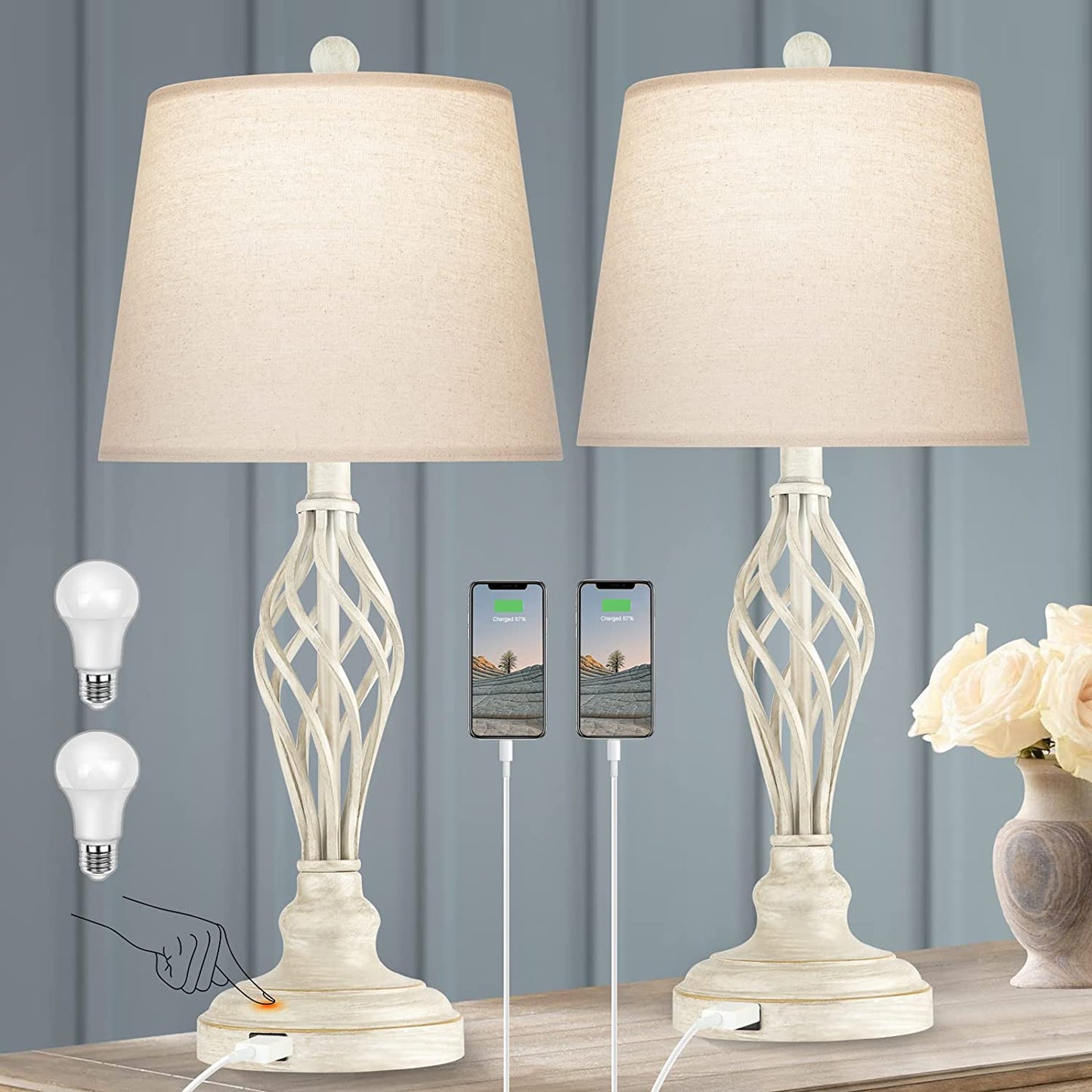 Table Lamps Bedside Lamp Set of 2,  Traditional Rustic Farmhouse Touch Lamps 3-Way Dimmable Retro Nightstand Lamps with USB Port Ivory Spiral Cage Design Base Drum Shade for Bedroom