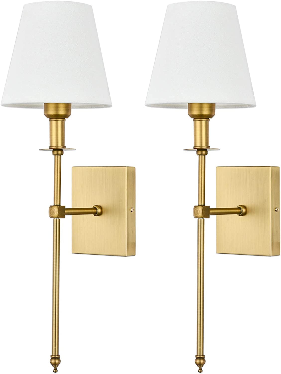 Slim Wall Sconces Set of 2 White Fabric Shade Wall Sconce Hardwired Indoor Wall Light Column Stand Bedroom Wall Lamp Bathroom Vanity Light Fixture, Antique Brass