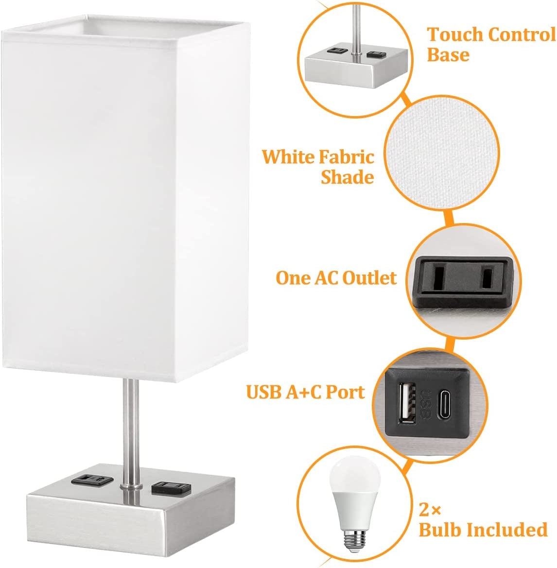 Touch Control Bedside Lamp, USB Table Lamp with 4 Bulbs,3 Way Dimmable Nightstand Lamp with 2 USB Ports & AC Outlet, Touch Desk Lamps for Bedrooms Living Room, Small Table Lamp, White Fabric Shade