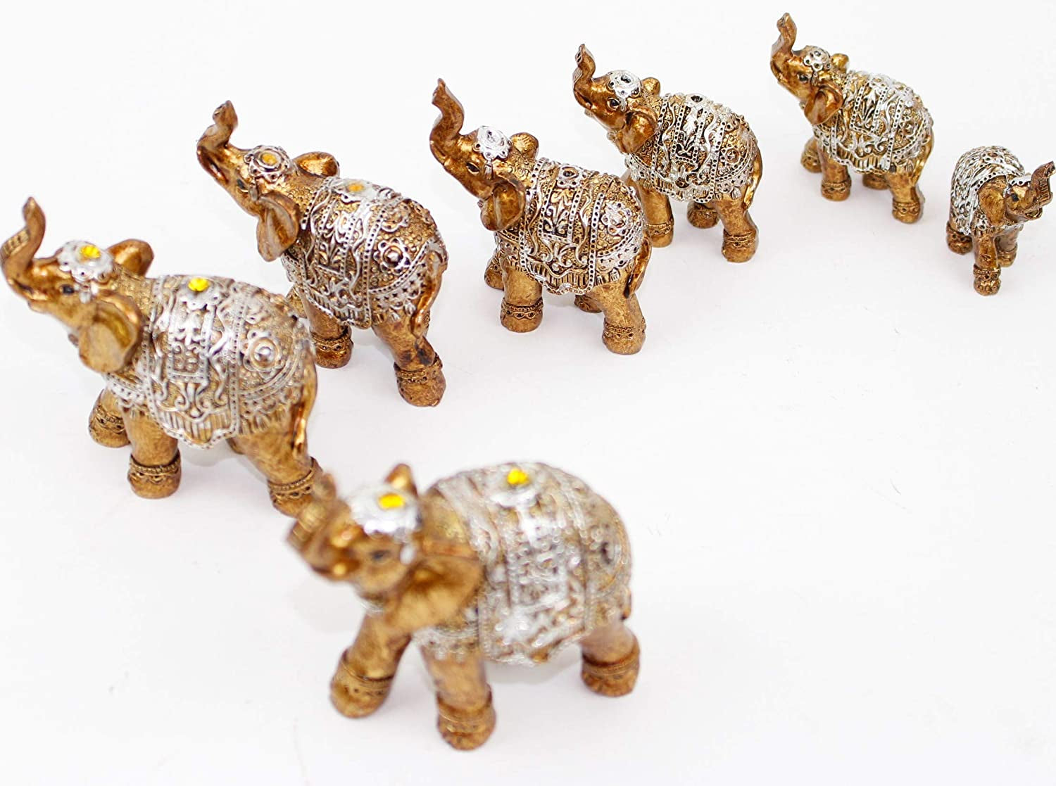 Set of 7 Lovely Lucky Elephants Statues Feng Shui Figurine Home Decor Housewarming Birthday Display Stands (Brass)