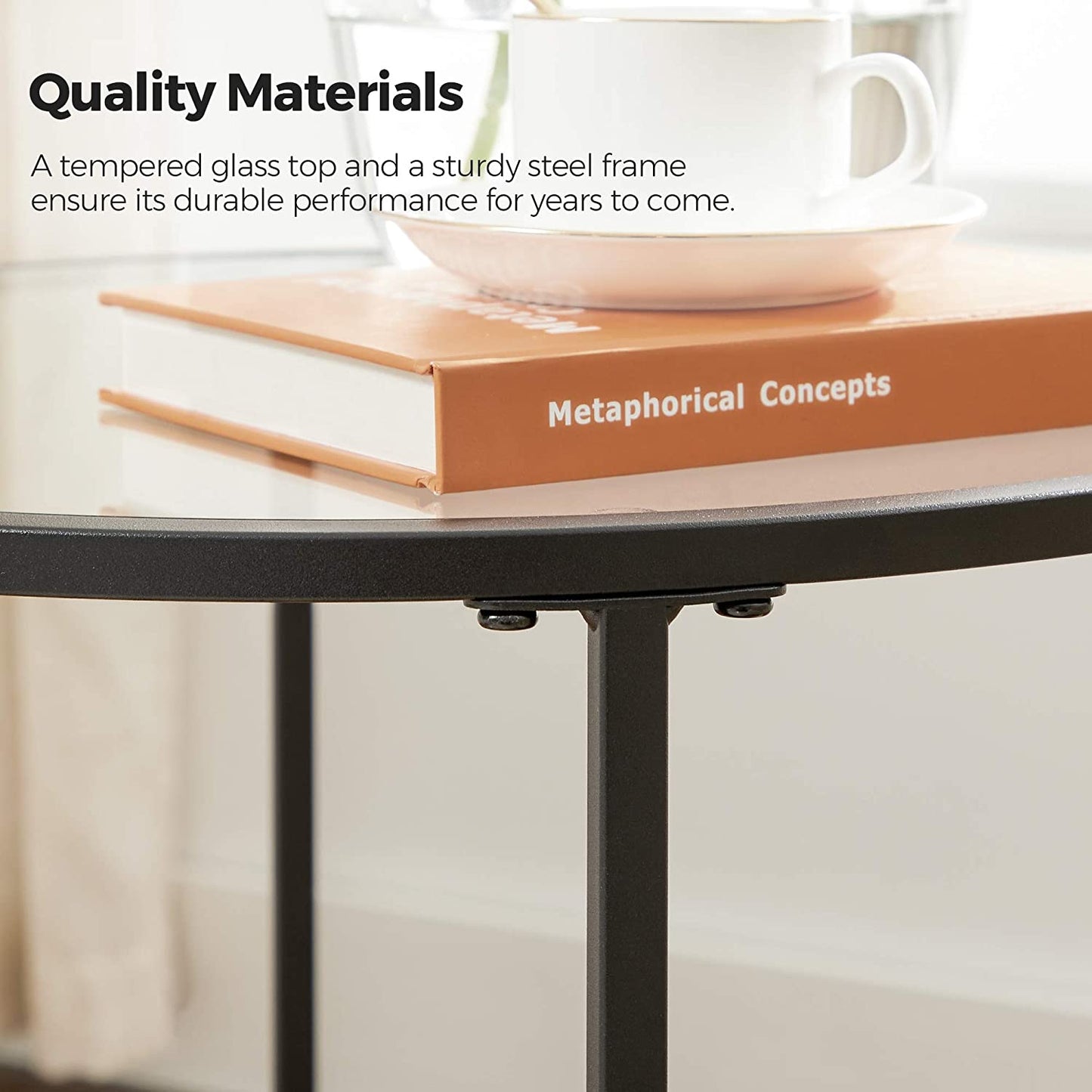 round Side Table, Glass End Table with Metal Frame, Small Coffee Accent Table, Bedside Table, Modern Style, for Living Room, Balcony, Bedroom, Black ULGT020B01