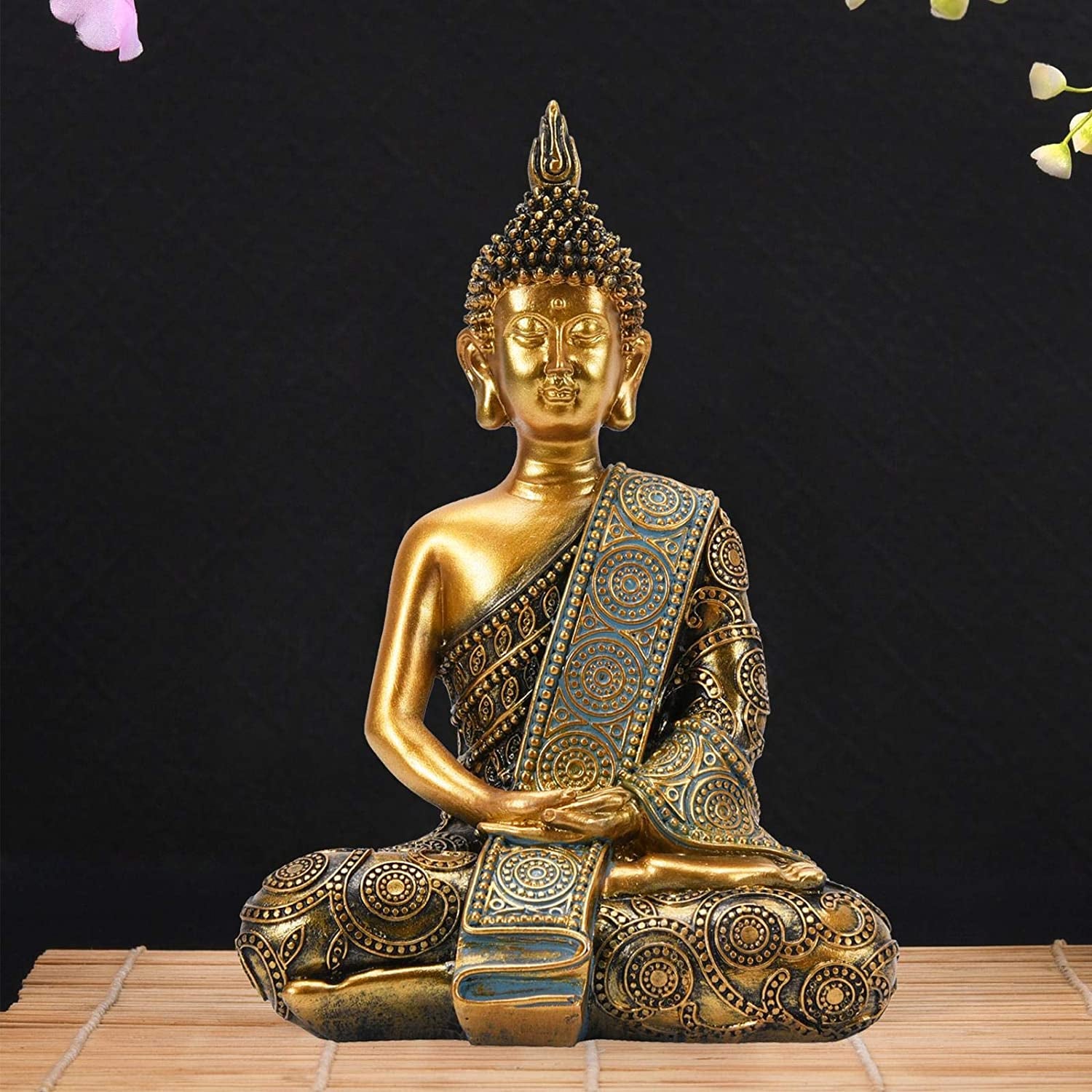 Nacome Meditating Seated Thai Buddha Statue Praying Collectibles Figurines,Zen Garden Buddha Sculpture-Indoor/Outdoor Decor for Home,Porch Yard Art Decoration,Polyresin,Gold Buddah,Gift