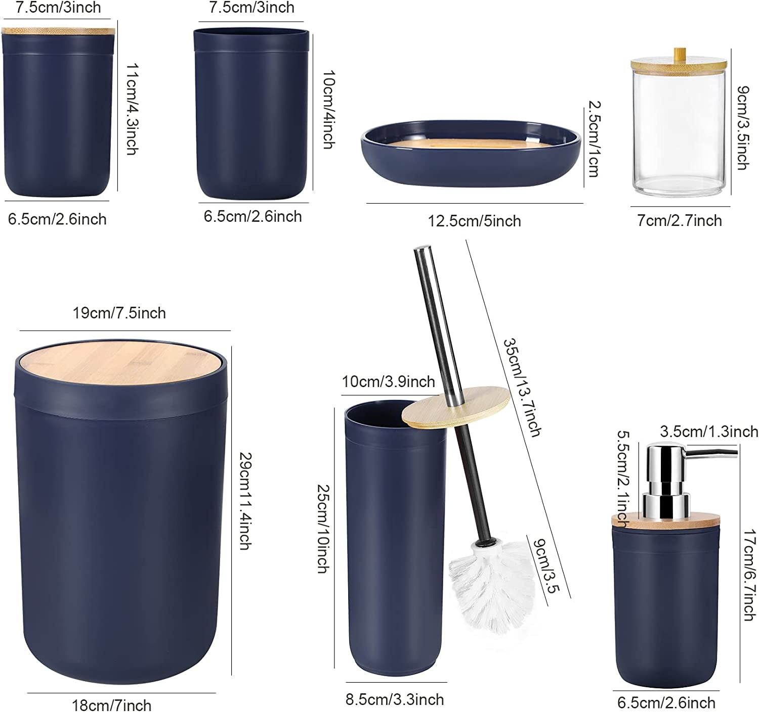 8Pcs Navy Blue Bathroom Accessories Set - with Trash Can Toothbrush Holder Soap Dispenser Soap and Lotion Set Tumbler Cup…