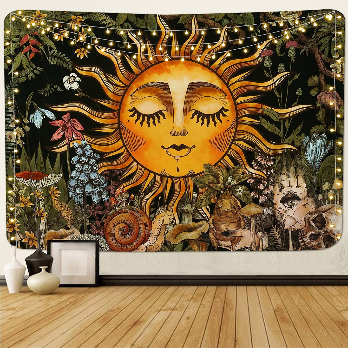 Burning Sun Tapestry Vintage Floral Tapestry Plants and Leaves Tapestries Mystic Hippie Tapestry Snail and Skull Tapestry Wall Hanging for Room(51.2 X 59.1 Inches)