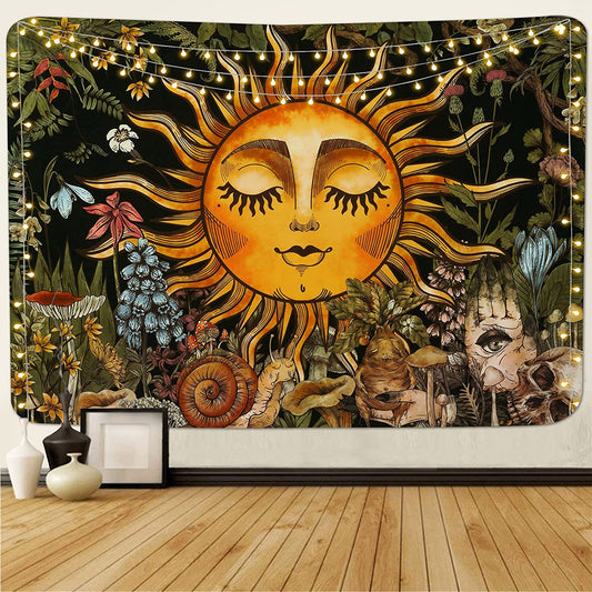 Burning Sun Tapestry Vintage Floral Tapestry Plants and Leaves Tapestries Mystic Hippie Tapestry Snail and Skull Tapestry Wall Hanging for Room(51.2 X 59.1 Inches)