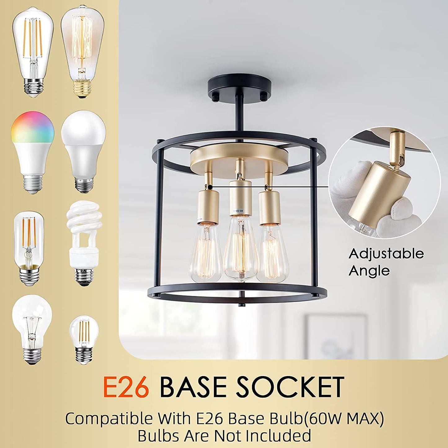 Industrial Semi Flush Mount Ceiling Light Fixture, 3-Light Farmhouse Vintage Black Ceiling Lamp with Adjustable Socket, Rustic Chandelier Metal Cage Shade for Kitchen Hallway Entryway Passway Bedroom
