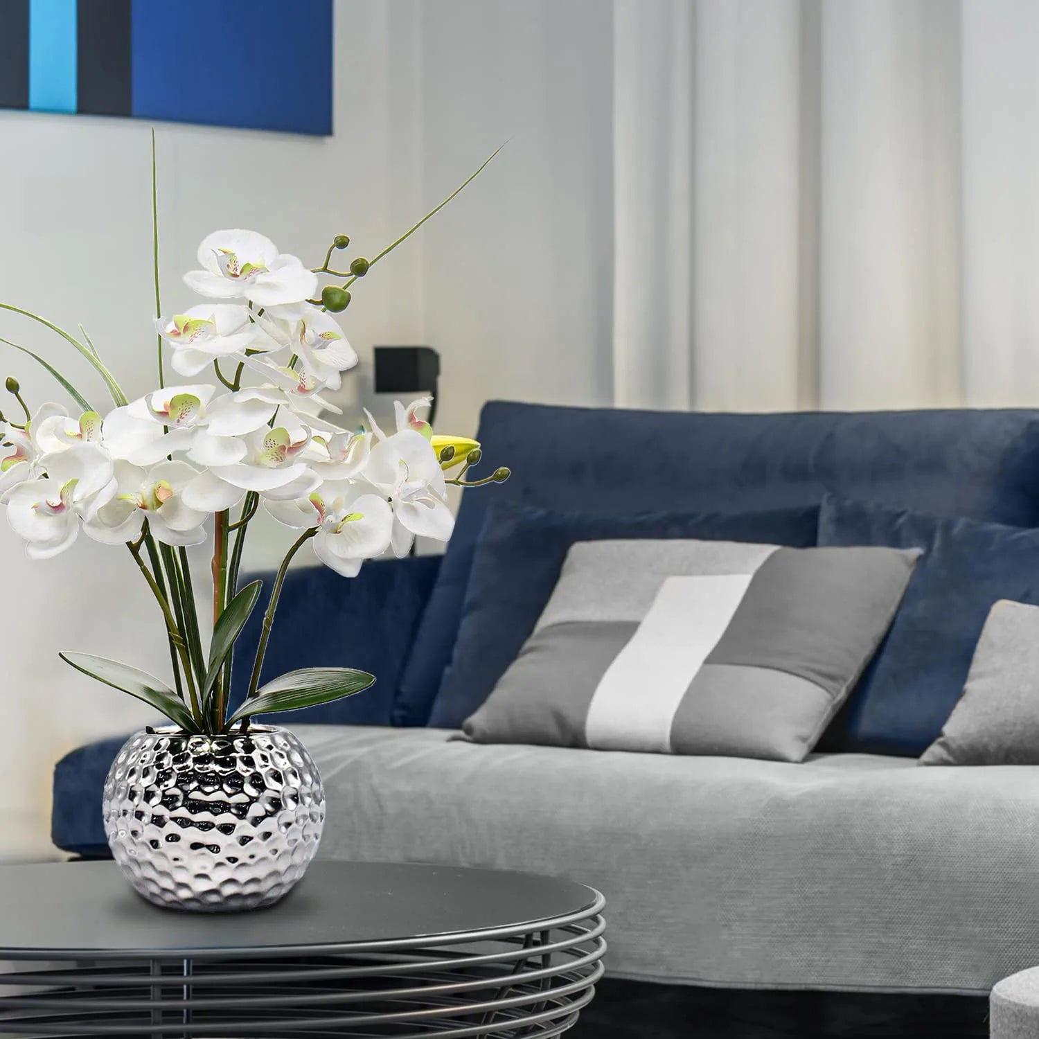 Artificial White Phalaenopsis Orchid Flower Arrangements 20.8" Faux Orchid Flower in Silver Pot Orchid Centerpiece for Dining Room Table