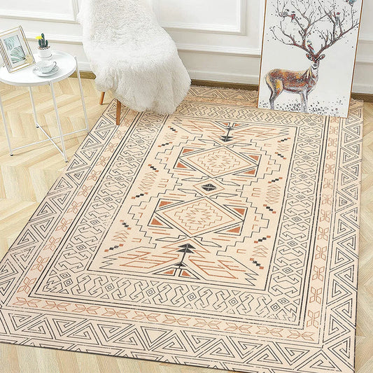 Vintage Oriental Medallion Indoor Area Rug, 4’X6’ Cream Boho Tribal Floor Mat Cotton Hand Woven Machine Washable Bedroom Rug Geometric Farmhouse Large Carpet for Kitchen Office Living Room