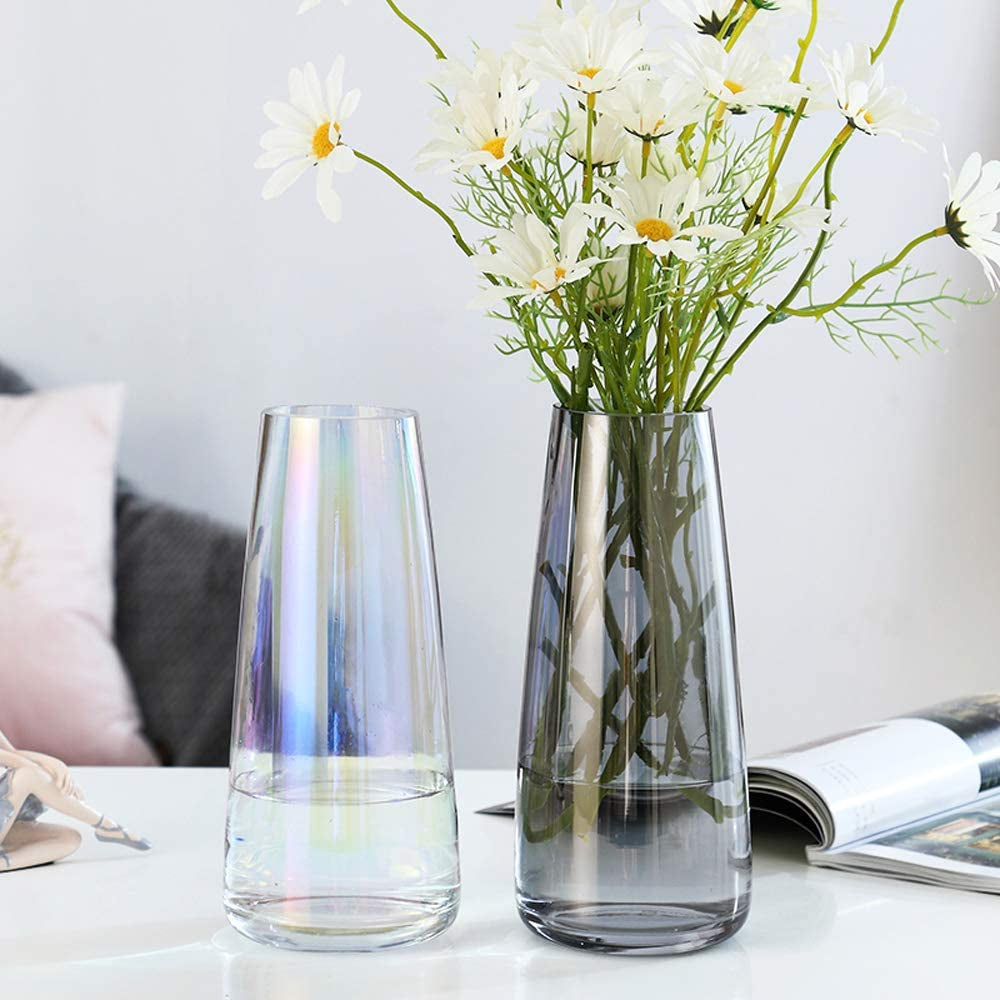 Flower Glass Vase for Decor Home Handmade Modern Large Flower Vases for Centerpieces Living Room Kitchen Office Wedding 8.7 Inch ( Iridescent Clear )