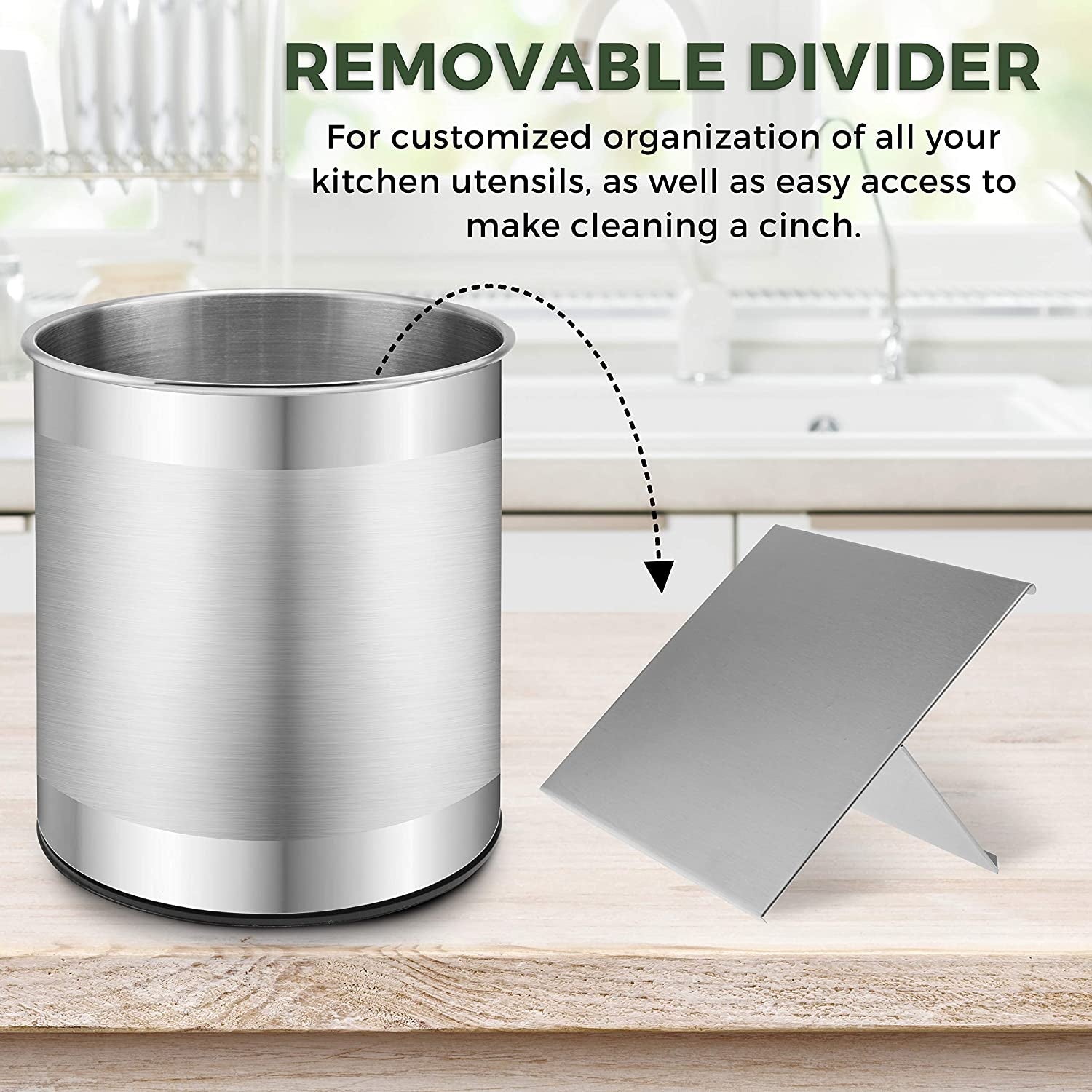 Extra Large Stainless Steel Kitchen Utensil Holder - 360° Rotating Utensil Caddy - Weighted Base for Stability - Countertop Organizer Crock with Removable Divider (Brushed Stainless Steel)