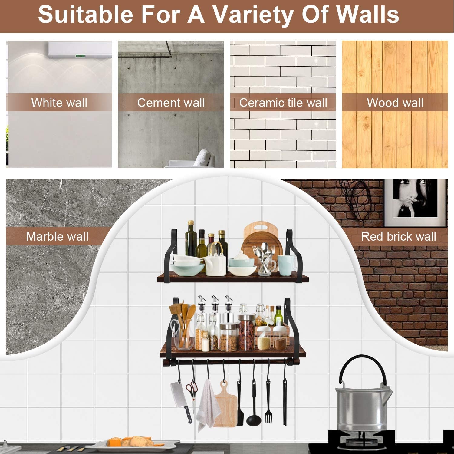 Wall Shelves for Kitchen Storage, Floating Shelves with Towel Bar & 8Pcs Removebal Hooks Floating Shelf for Wall Bathroom Bedroom Living Room Kitchen