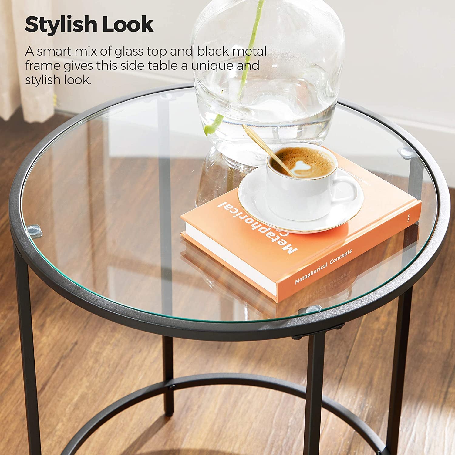 round Side Table, Glass End Table with Metal Frame, Small Coffee Accent Table, Bedside Table, Modern Style, for Living Room, Balcony, Bedroom, Black ULGT020B01