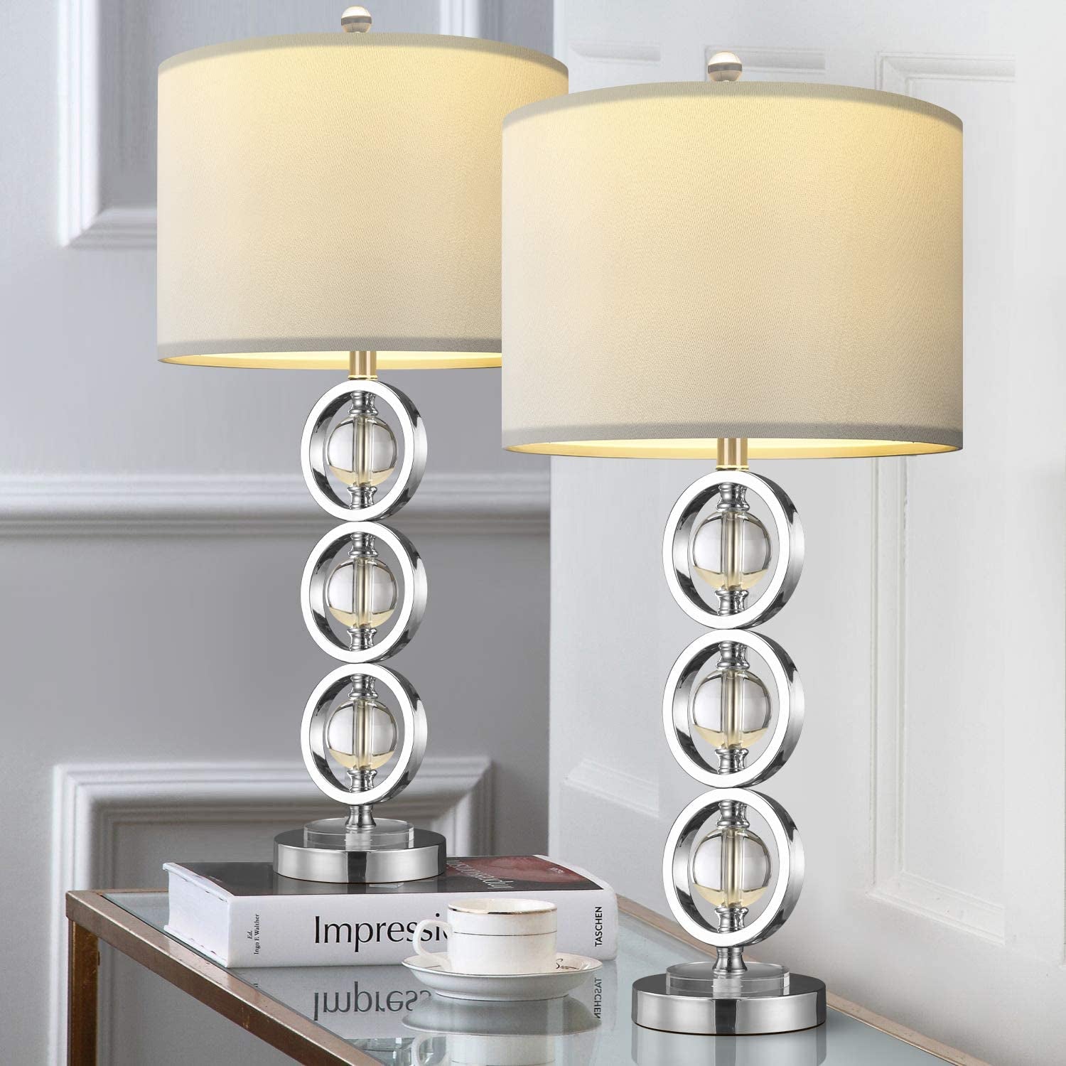 BOBOMOMO 26.5" Metal Crystal USB Table Lamps Set of 2 for Living Room Bedroom, Silver