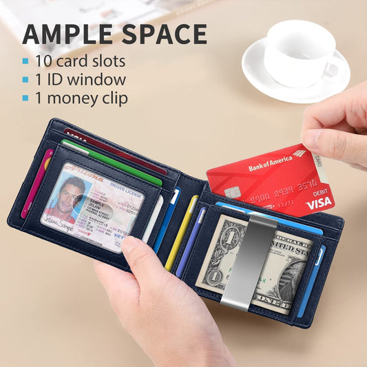 Slim Money Clip Wallet for Men Minimalist Leather Bifold RFID Blocking Large Capacity with Gift Box Blue
