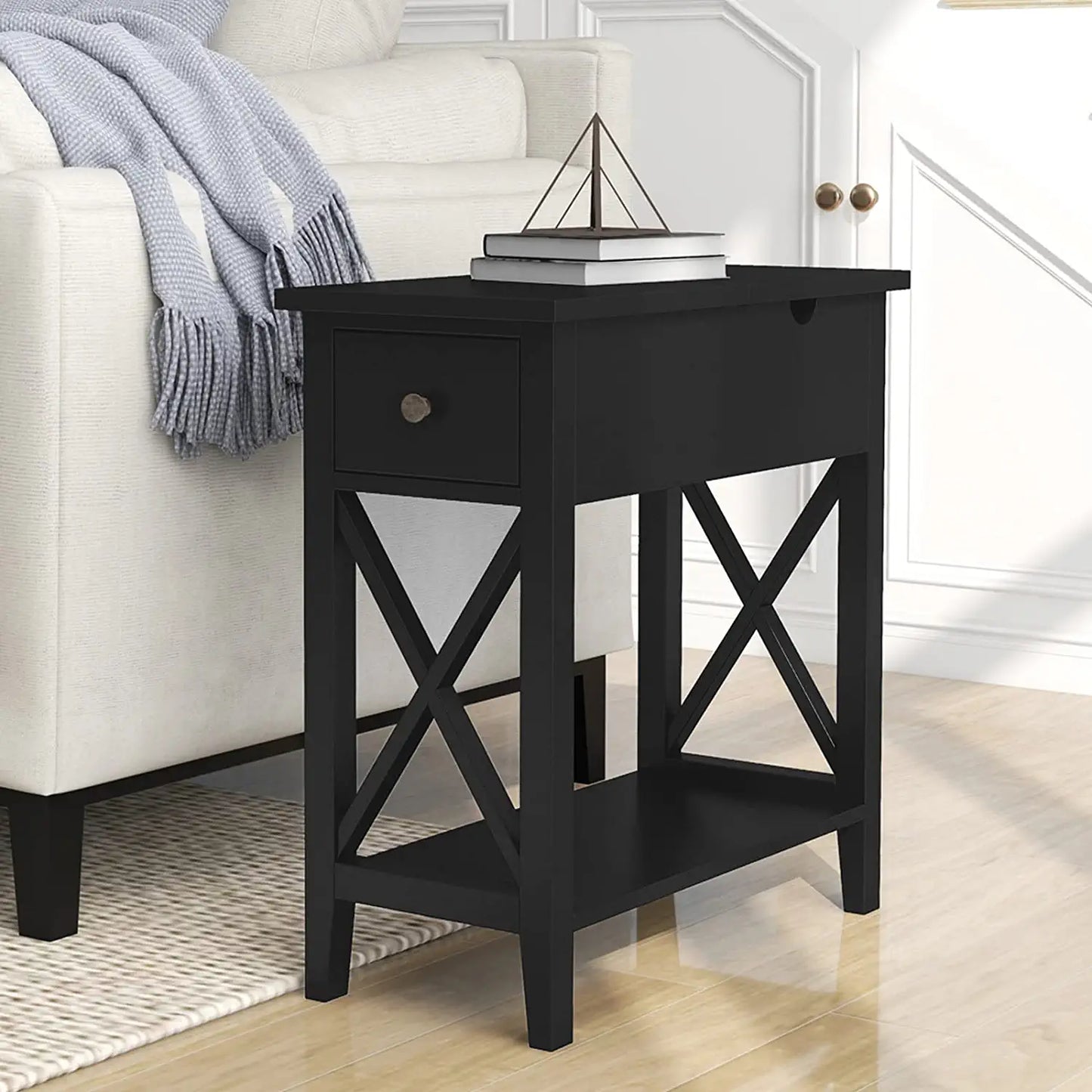 Flip Top Open End Table, Narrow Side Table Slim End Table for Living Room Bedroom, Black