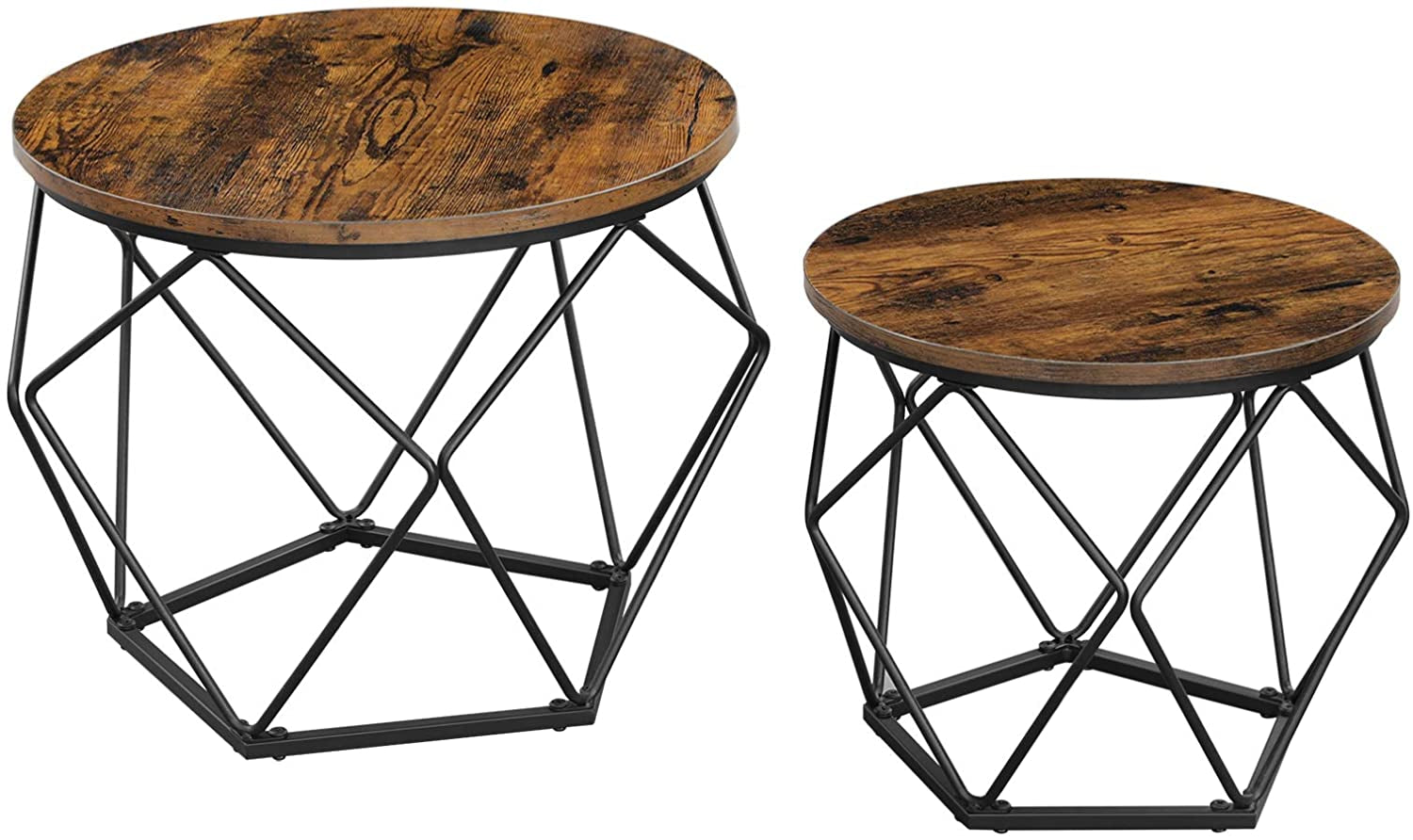 Small Coffee Table Set of 2, round Coffee Table with Steel Frame, Side End Table for Living Room, Bedroom, Office, Rustic Brown and Black ULET040B01