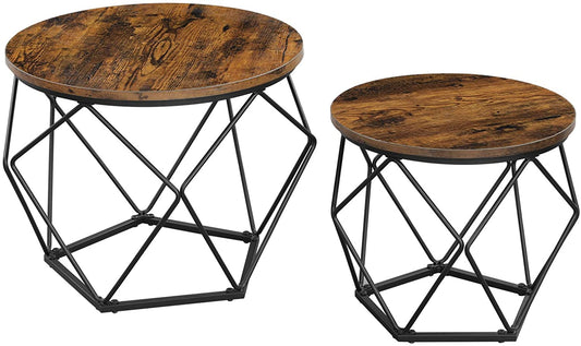 Small Coffee Table Set of 2, round Coffee Table with Steel Frame, Side End Table for Living Room, Bedroom, Office, Rustic Brown and Black ULET040B01