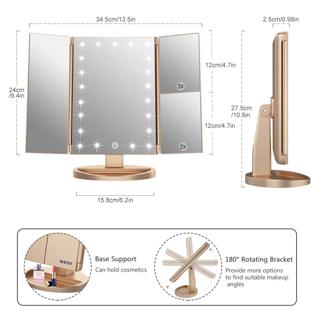 Makeup Mirror with 21 LED Lights,Two Power Supply, Touch Screen and 1X/2X/3X Magnification Tri-Fold Vanity Mirror , Gift for Women(Gold)