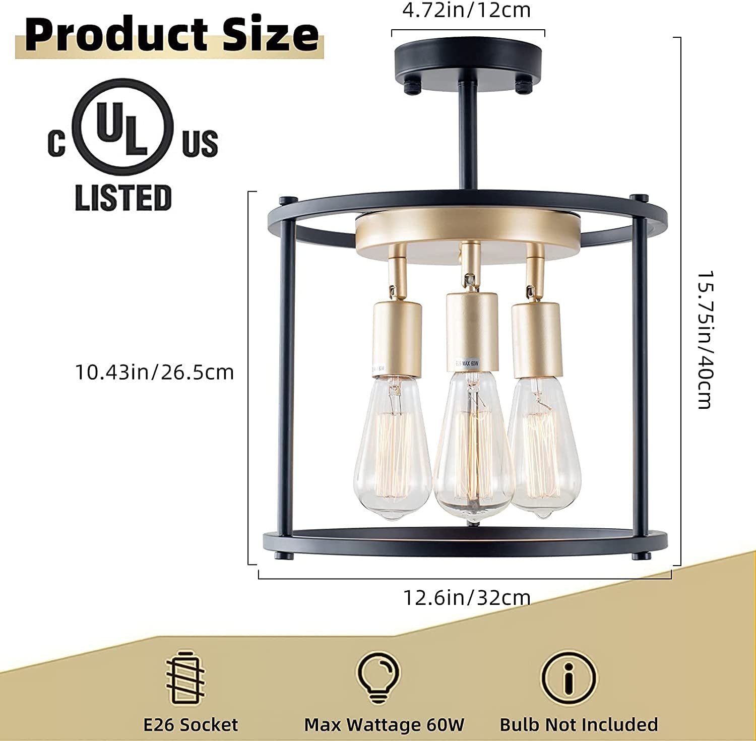 Industrial Semi Flush Mount Ceiling Light Fixture, 3-Light Farmhouse Vintage Black Ceiling Lamp with Adjustable Socket, Rustic Chandelier Metal Cage Shade for Kitchen Hallway Entryway Passway Bedroom