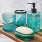 4Pcs Heavy Weight Decent Blue Glass Bathroom Accessories Set with Decorative Pressed Pattern - Includes Hand Soap Dispenser & Tumbler & Soap Dish & Toothbrush Holder (Teal Blue)