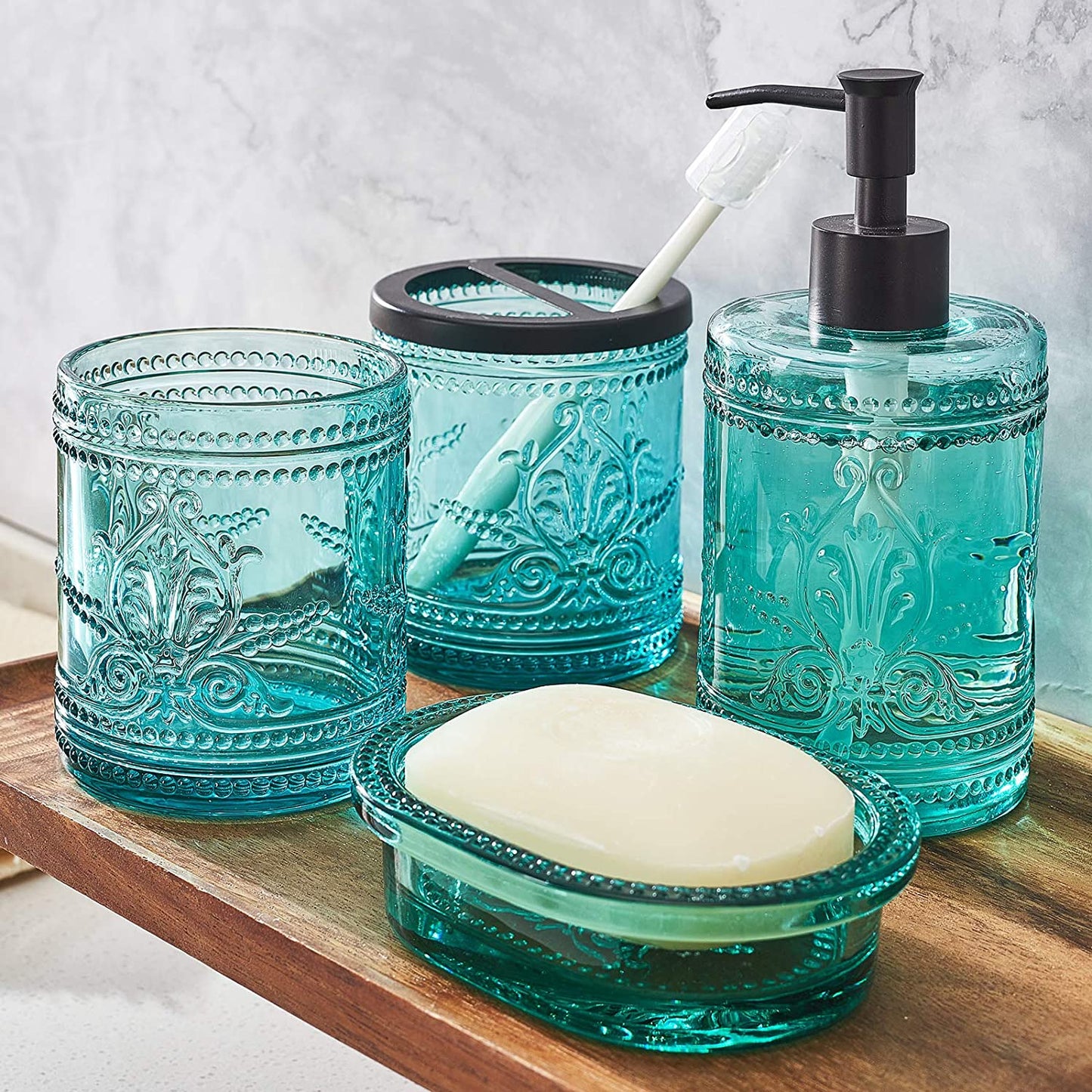 4Pcs Heavy Weight Decent Blue Glass Bathroom Accessories Set with Decorative Pressed Pattern - Includes Hand Soap Dispenser & Tumbler & Soap Dish & Toothbrush Holder (Teal Blue)
