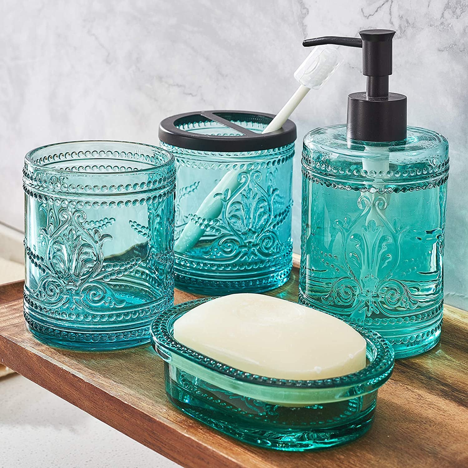 4Pcs Heavy Weight Decent Blue Glass Bathroom Accessories Set with Decorative Pressed Pattern - Includes Hand Soap Dispenser & Tumbler & Soap Dish & Toothbrush Holder (Teal Blue)