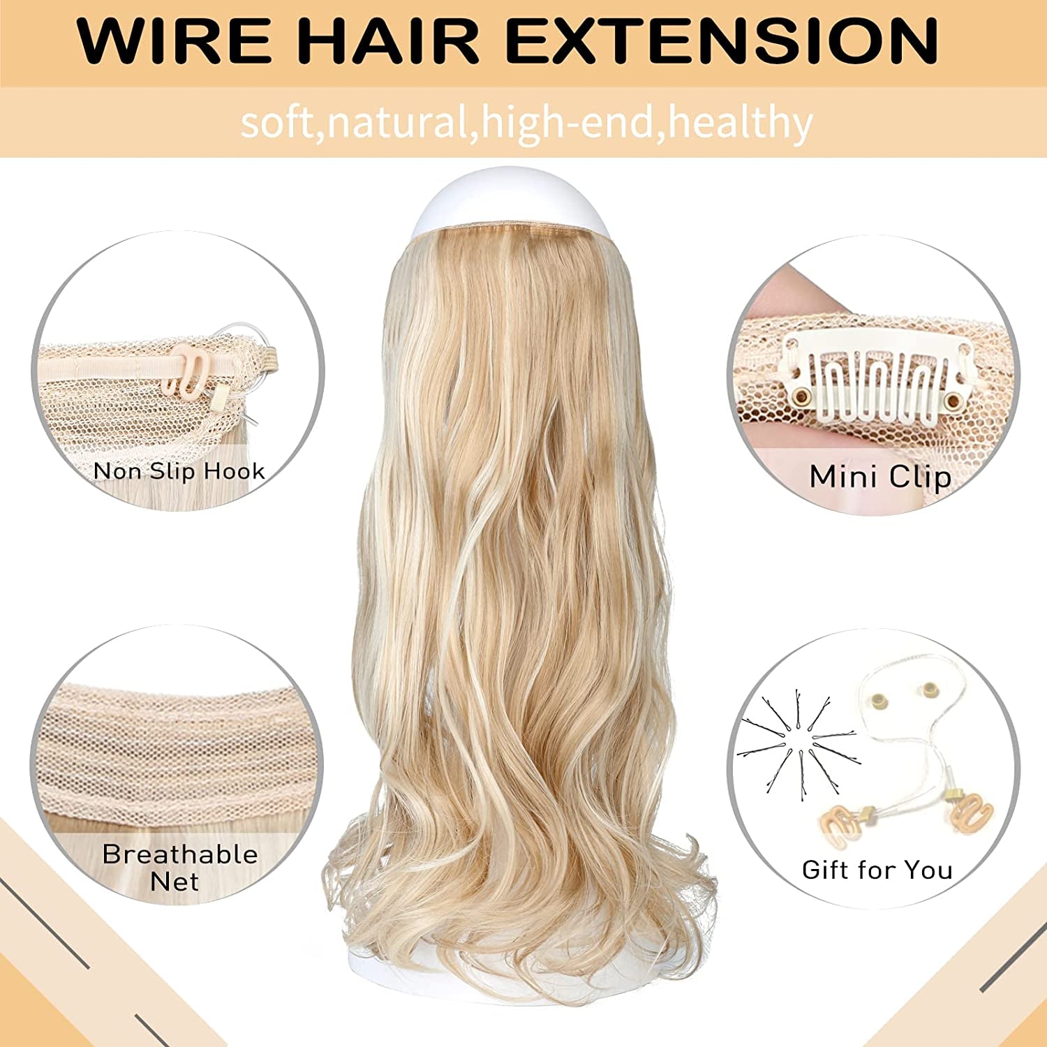 Serect Hair Extension 20" Curly Wavy Invisible Wire Adjustable Hair Extensions Fish Line Flip in Synthetic Hairpiece for Women Bleach Blonde Mix Light Ash Blonde