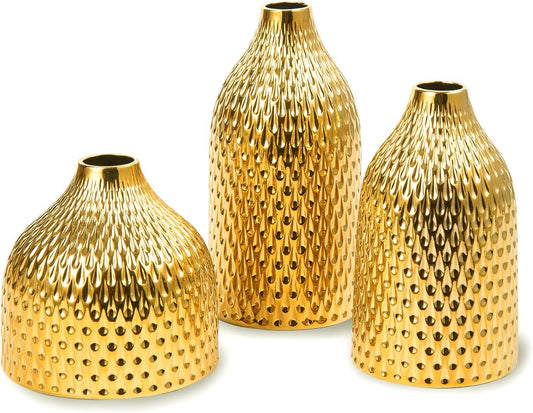 Ceramic Vase Set - 3 Small Vases, Luxurious Home Decor, Great for Centerpieces; Ideal Shelf Décor, Table Décor, Bookshelf, Mantle, Entryway- Gold