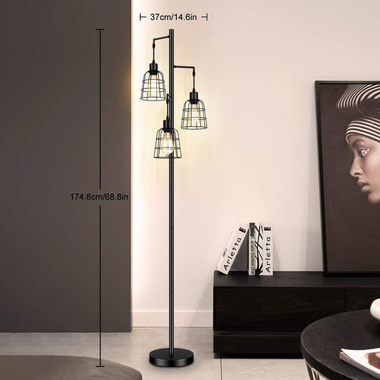 Industrial 3-Light Tree Floor Lamp with Cup-Shaped Cages Farmhouse Rustic Tall Standing Lamp for Living Room Vintage Elegant Black Pole Light with Edison E26 Base Metal Shade for Bedroom Office Hotel