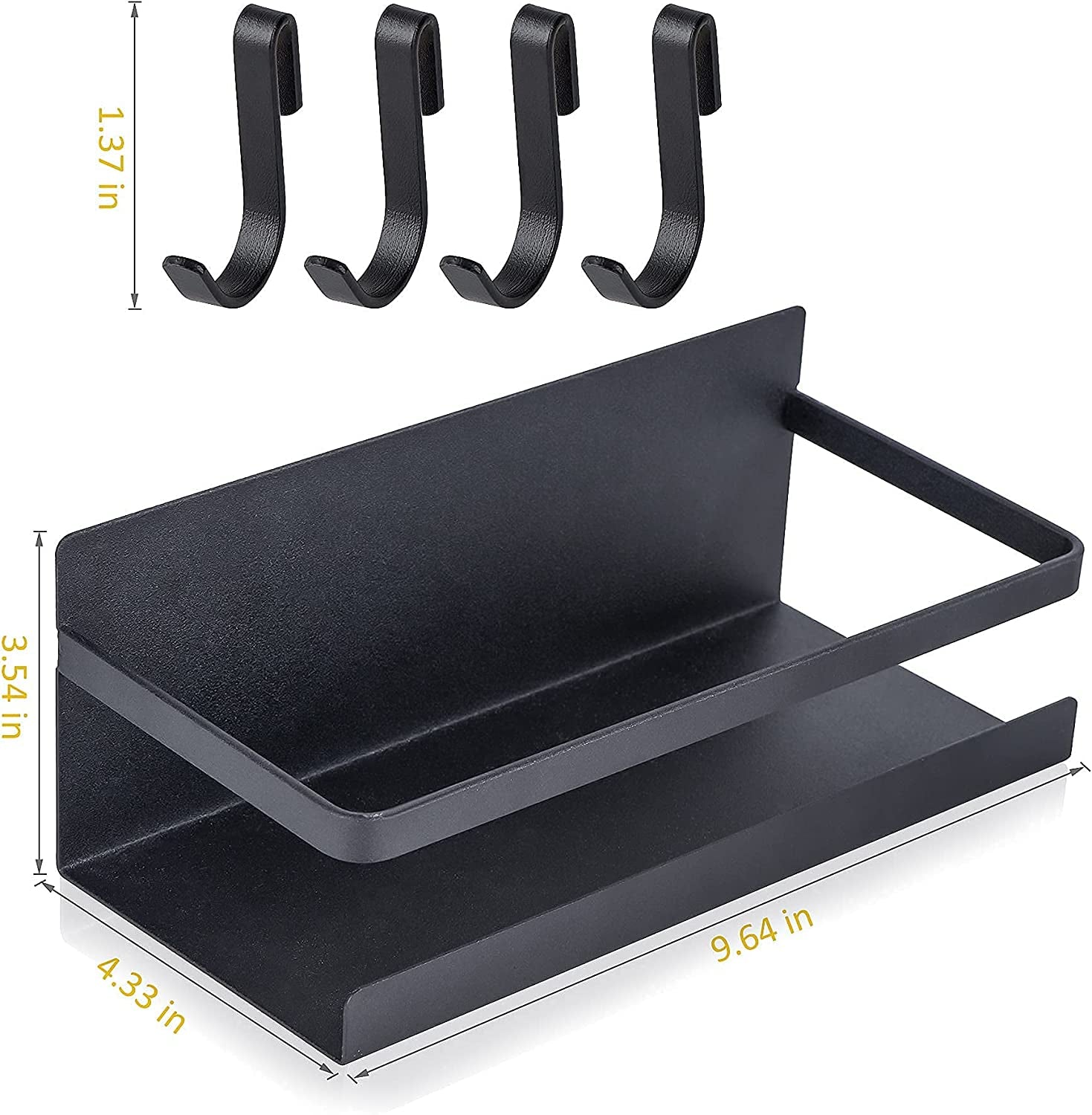 Fridge Magnet Organizer Magnetic Spice Rack with Four Removable Hook Refrigerator Shelf Rack Black (2 Pack)