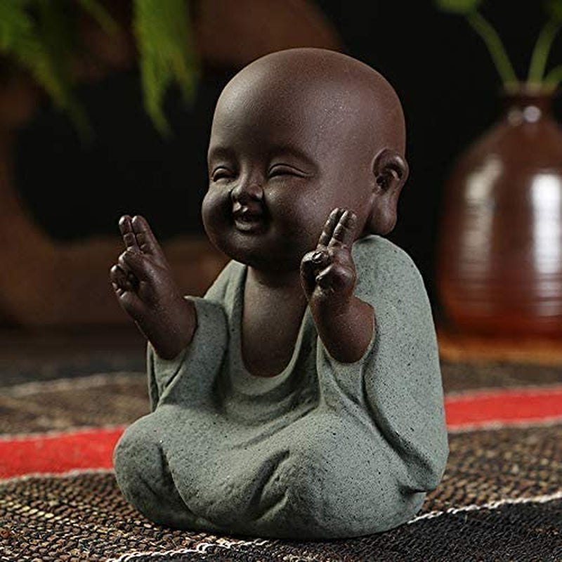 Ceramic Tiny Cute Buddha Statue Monk Figurine Creative Baby Buddha Crafts Adorable Ornaments Classic Delicate Ceramic Arts and Crafts Small (7 X 10 Cm) (Green)