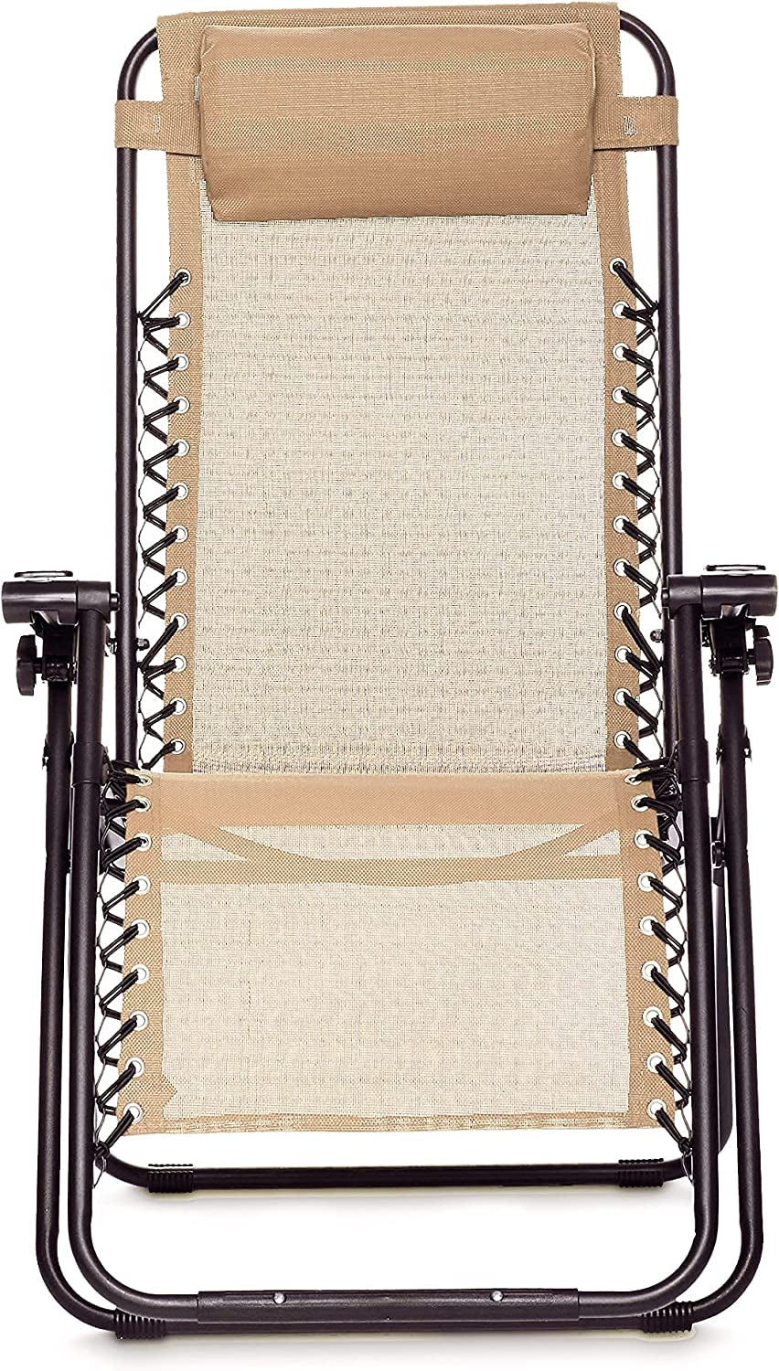 Outdoor Textilene Adjustable Zero Gravity Folding Reclining Lounge Chair with Pillow, Beige