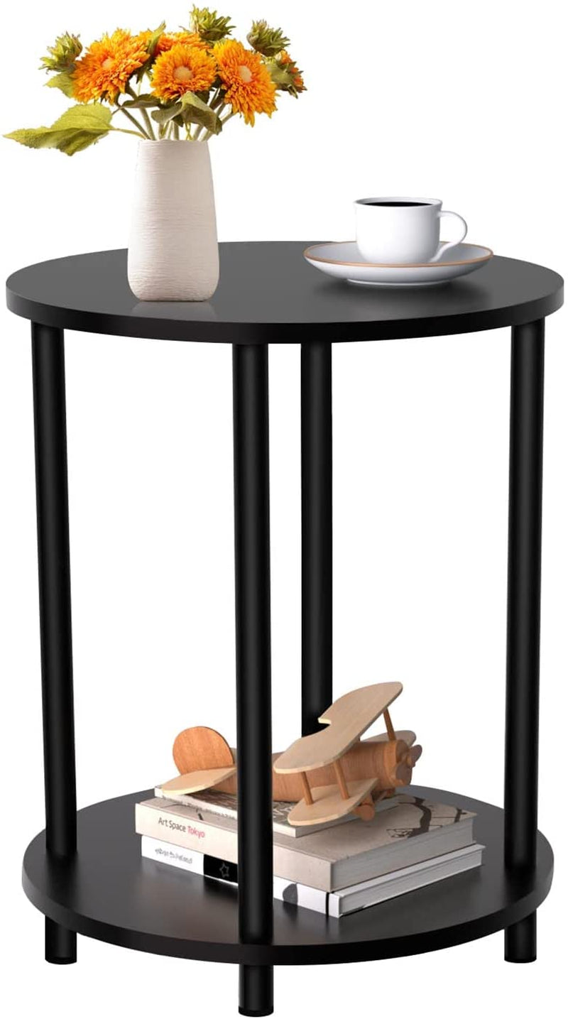 Small round Side Table, 2 Tier Black Wooden End Table/Bed Side Table/Nightstand for Living Room/Bedroom/Small Space,15.6"(D)*19.72"(H),Metal Legs