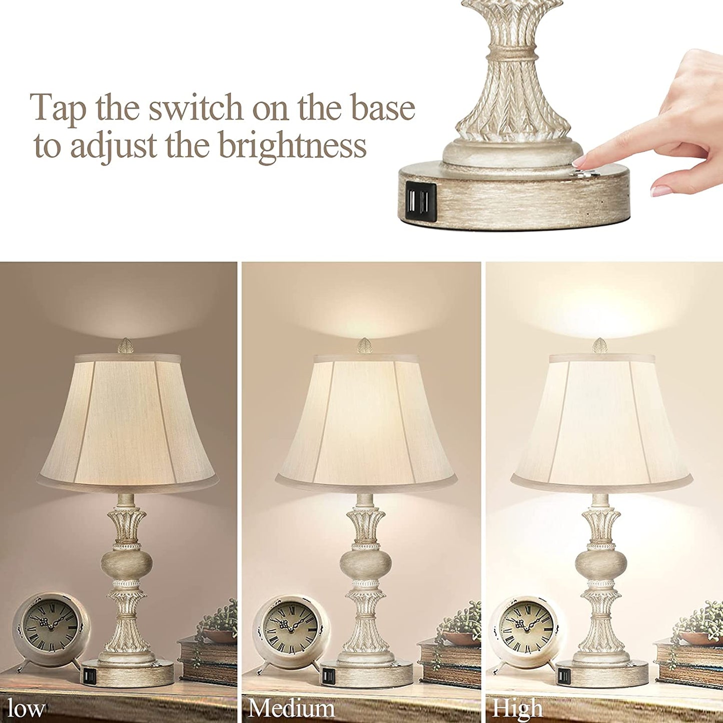 Touch Control Table Lamp Set of 2, 3-Way Dimmable Bedside Nightstand Lamp with 2 USB Charging Ports, Rustic Farmhouse Desk Lamp with Faux Silk Shade for Living Room, Bedroom - Washed White