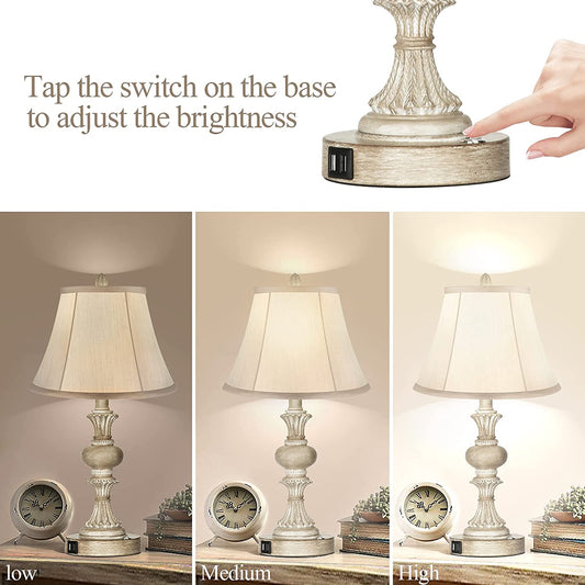 Touch Control Table Lamp Set of 2, 3-Way Dimmable Bedside Nightstand Lamp with 2 USB Charging Ports, Rustic Farmhouse Desk Lamp with Faux Silk Shade for Living Room, Bedroom - Washed White