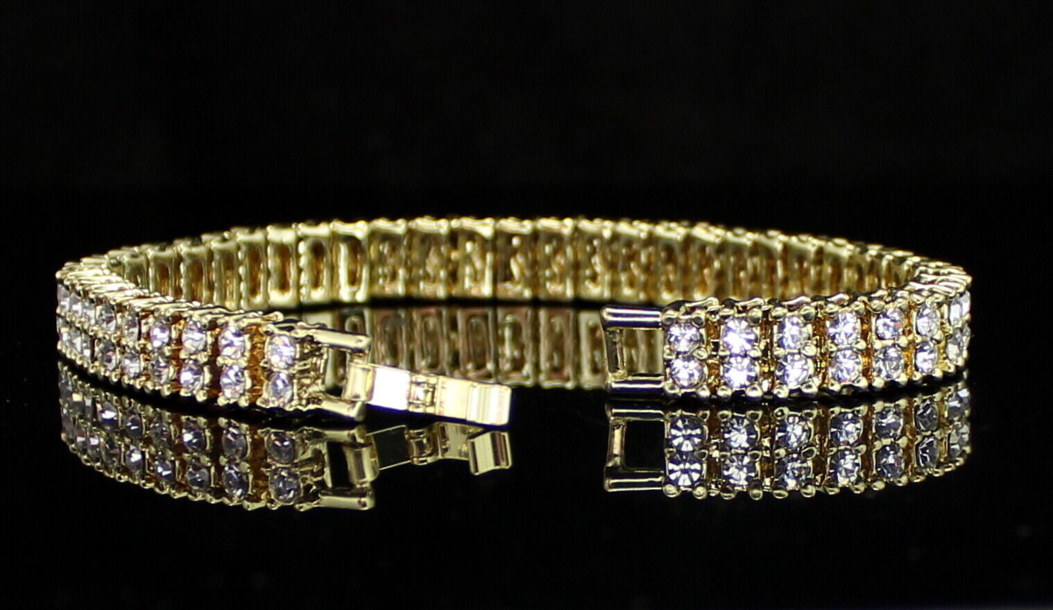 Mens Womens 2 Row Cz Tennis Bracelet 14K Gold Plated 8 Inch