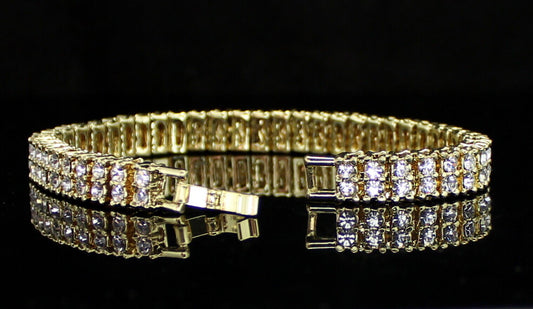 Mens Womens 2 Row Cz Tennis Bracelet 14K Gold Plated 8 Inch