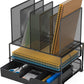 Simplehouseware Mesh Desk Organizer with Sliding Drawer, Double Tray and 5 Upright Sections, Black