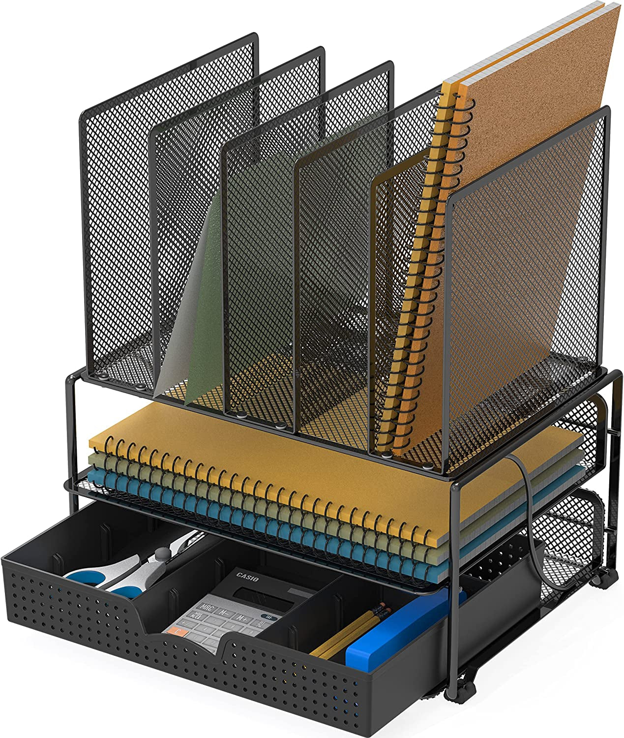 Simplehouseware Mesh Desk Organizer with Sliding Drawer, Double Tray and 5 Upright Sections, Black