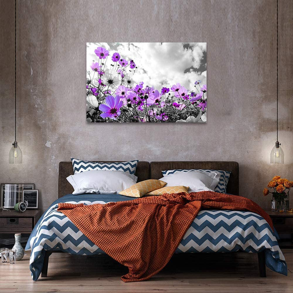 Canvas Wall a Rt Modern Purple Flowers Canvas Art Wall Decor Black and White Framed Galsang Floral Prints and Posters Wall Hanging Decorations Ready to Hang for Bedroom Bathroom