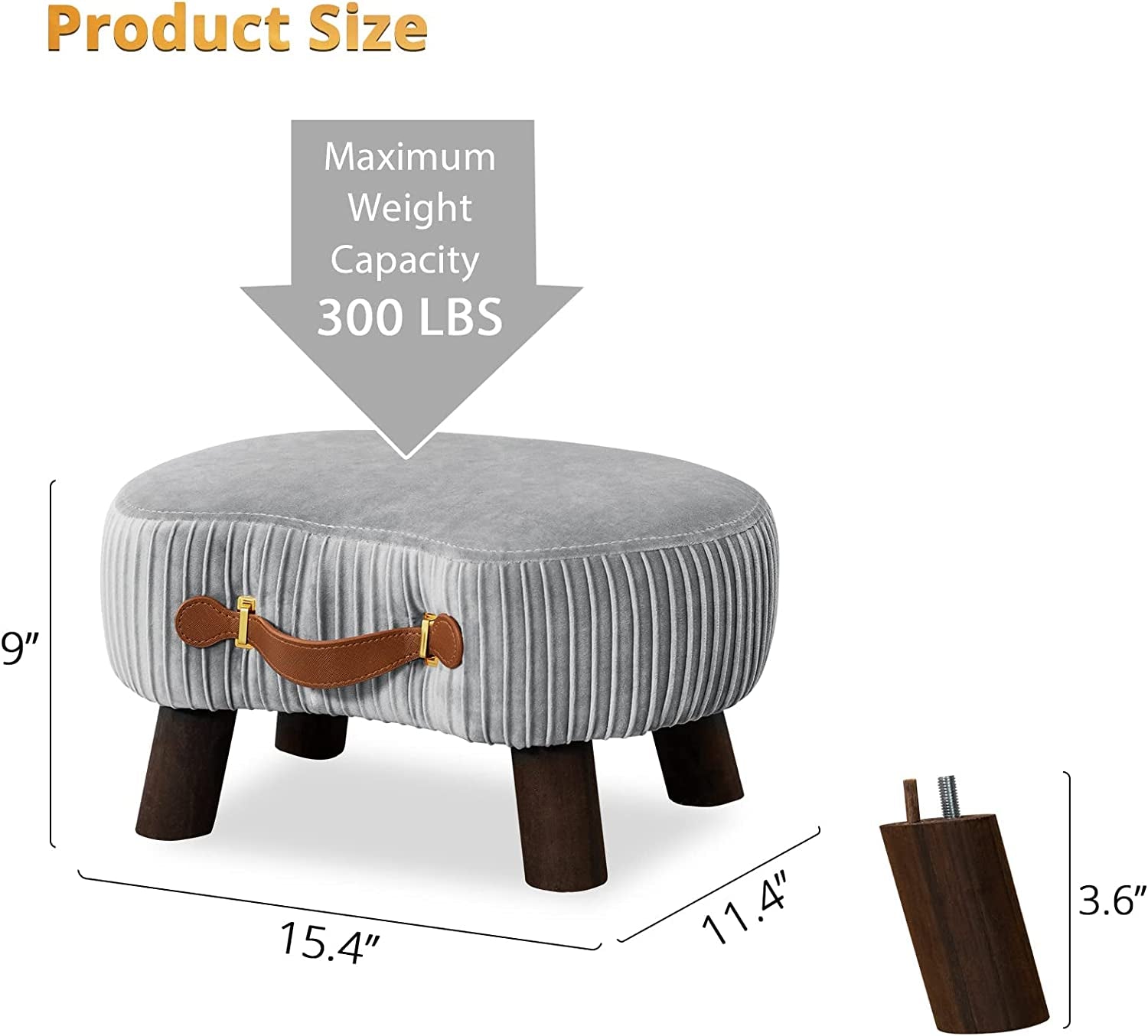 Small Curved Foot Stool with Handle, Gray Velvet Footstool and Ottomans, Modern Foot Rest with Wooden Legs, Step Stool with Padded Seat for Couch, Living Room