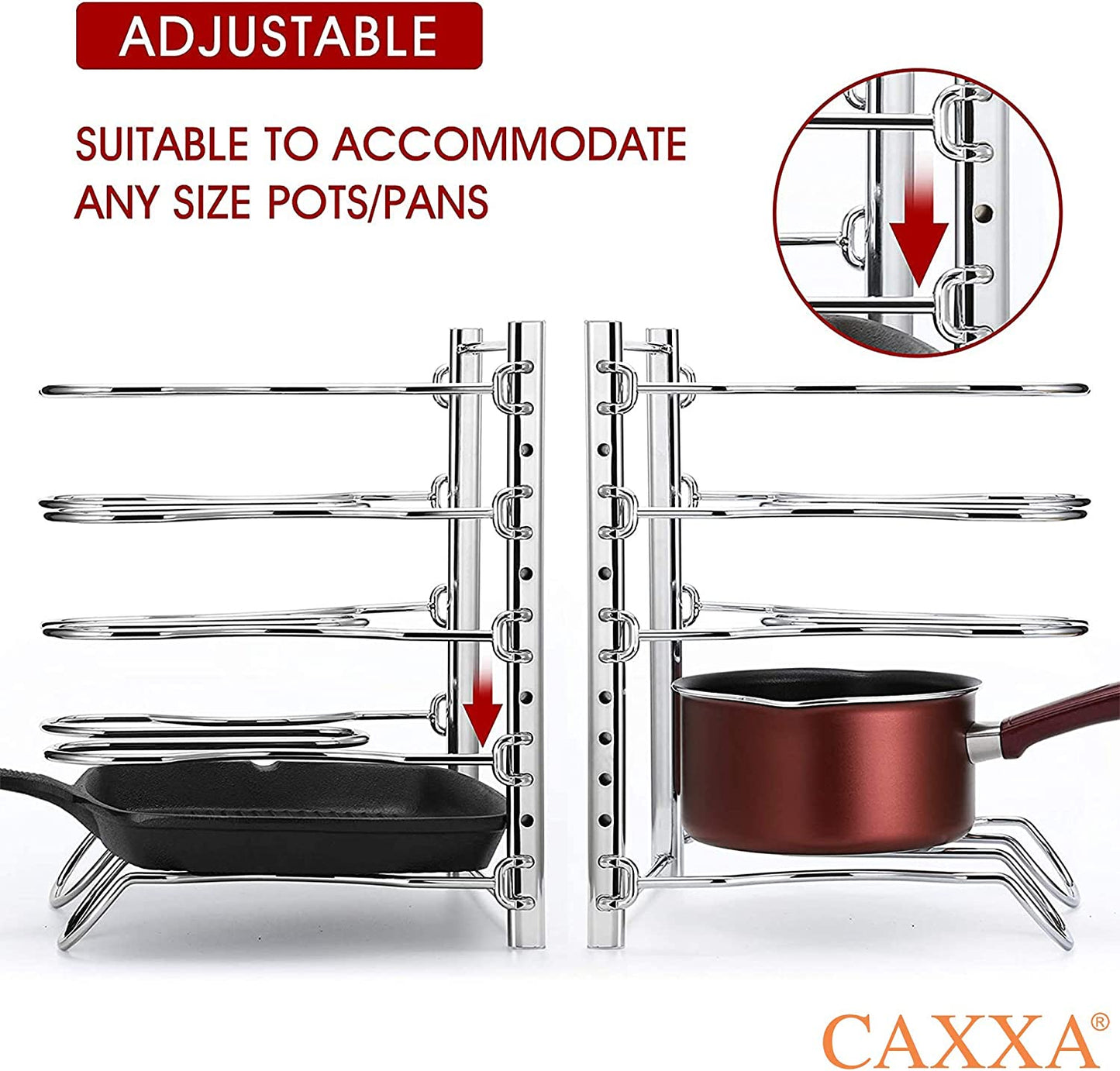 Heavy Duty Pan Rack, Pot Lid Rack, Kitchen Cabinet Pantry Cookware Organizer Rack Holder | 5 Adjustable Dividers, Chrome