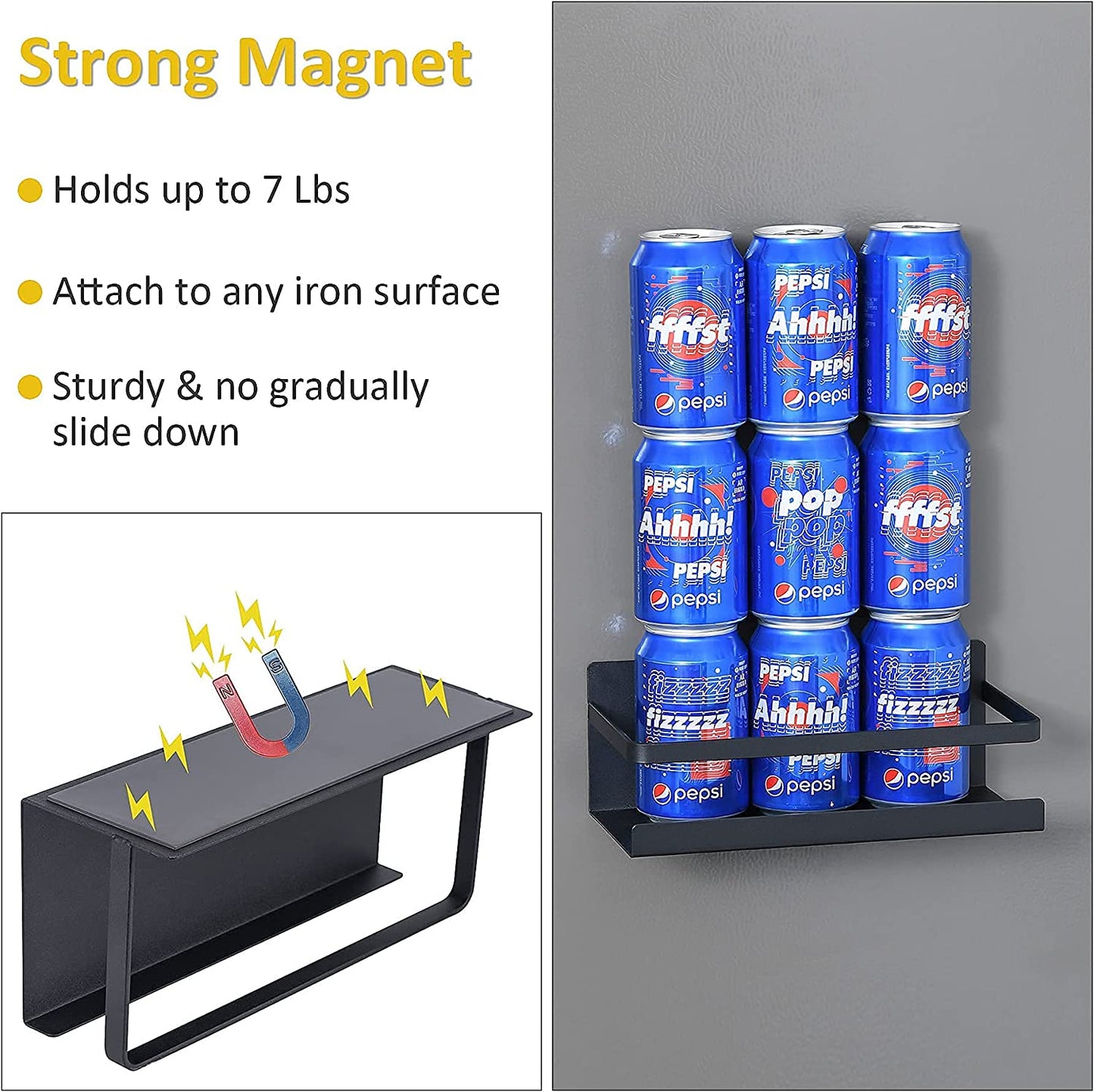 Fridge Magnet Organizer Magnetic Spice Rack with Four Removable Hook Refrigerator Shelf Rack Black (2 Pack)